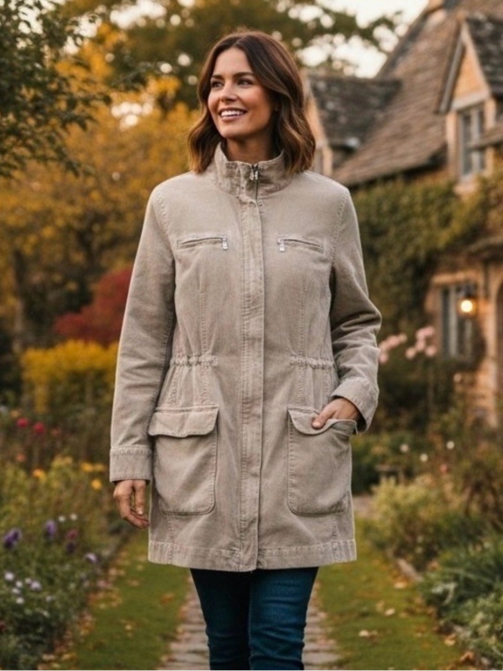 J.Jill Women’s Corduroy Taupe Tan Chore Barn Utility Jacket Long Stretch Medium